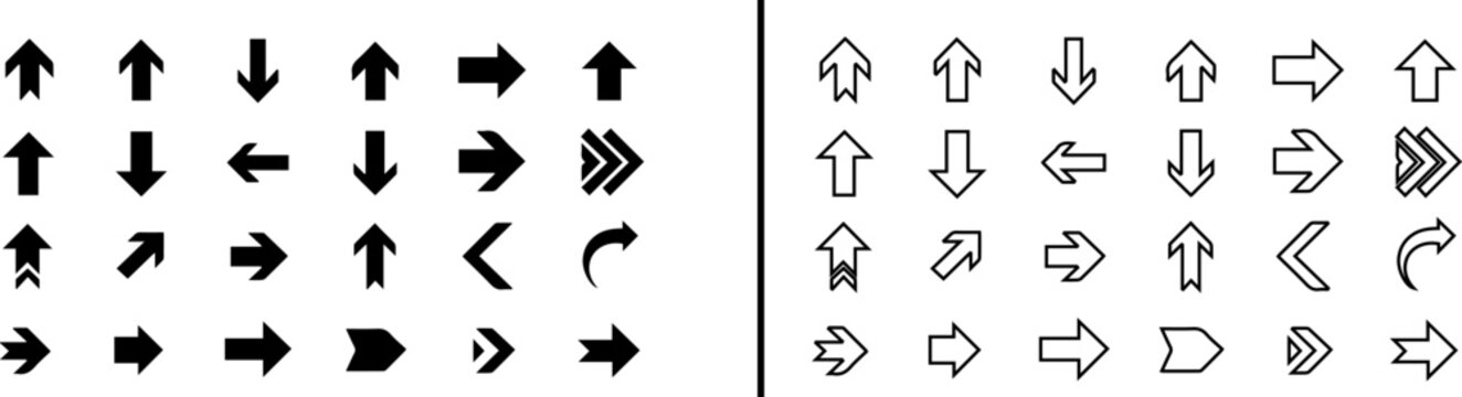 Set of black filled and outlined arrow icons pointing in different directions on a white background, arranged in a grid split by a vertical line.