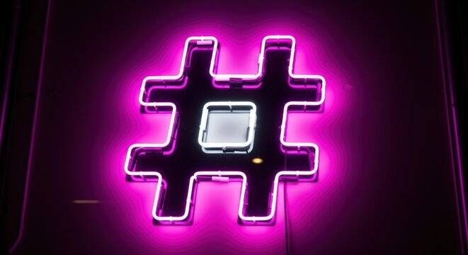 Pink neon hashtag symbol glowing bright on dark wall background in night setting