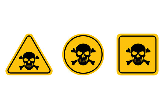 Toxic sign. Set hazard danger yellow vector signs. Poison, acid, toxic, caution icons. Skull and crossbones.