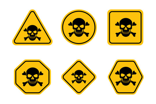 Toxic sign. Set hazard danger yellow vector signs. Poison, acid, toxic, caution icons. Skull and crossbones.