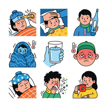 Cold and flu symptoms icons set with sick people cartoon characters