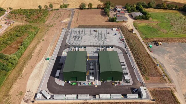 Aerial view of large modern synchronous condenser facility with high voltage electrical equipment and transformers in the UK
