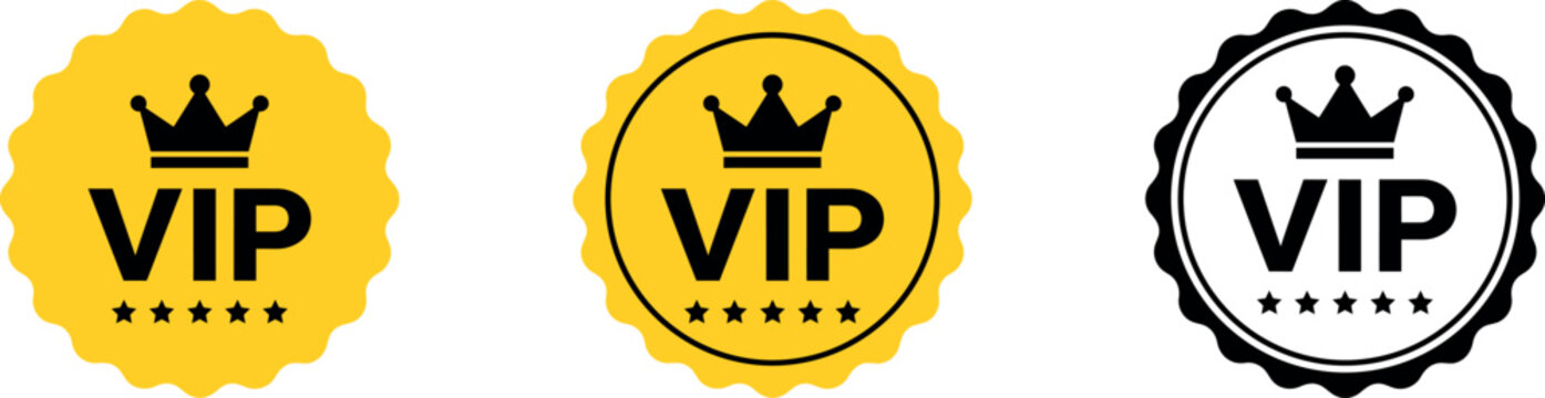 Set of three luxury vip badge icons with crown designs in yellow and black color styles