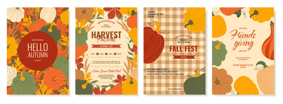 Autumn cards template set. Vertical layouts with textured pumpkins and leaves for Thanksgiving invitations, fall sales, harvest menus, posters, web banners.