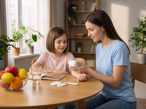 Mother checking daughter blood sugar level at home for World Diabetes Day, Healthy lifestyle and medical care concept.