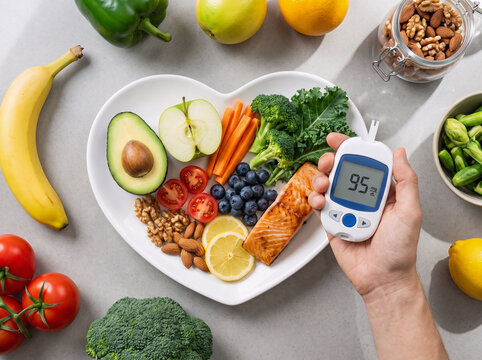 Top view of nutritious meal including salmon, vegetables, fruits and nuts. Hand holding blood glucose meter showing normal sugar level. Concept of diabetic diet and health.