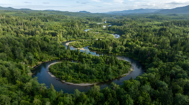 High angle aerial drone view of a winding river curve surrounded by thick green forest trees and distant hills with green landscape river meander water stream