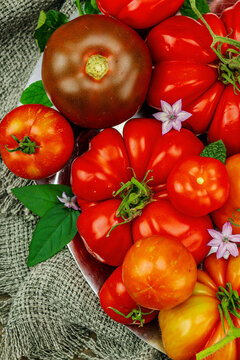 Assorted homegrown heirloom tomatoes of various shapes, sizes and colors with small flowers