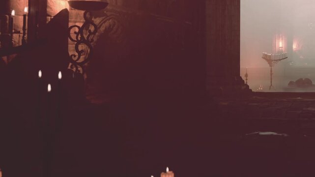 Candles flicker softly in a dim room. Shadows dance along the walls. A faint light shines in the distance. The atmosphere feels heavy and still.