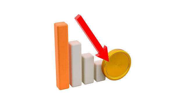 3D bar chart with red arrow pointing down at gold coin, isolated on transparent background