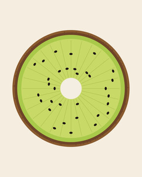Minimalist vector illustration of a round green kiwi fruit slice showing seeds and core, isolated on a light cream background
