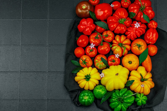 Assorted homegrown heirloom tomatoes with small flowers on a dark textured square tray, flat lay
