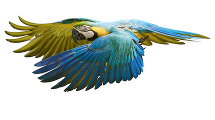 Blue and yellow macaw parrot with spread wings flying, isolated on transparent background © Niamh