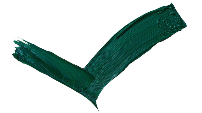 Thick dark green oil paint brush stroke forming a checkmark, isolated on transparent background