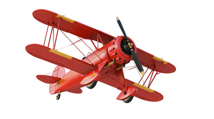 Red and yellow biplane aircraft with propeller, isolated on transparent background © Niamh