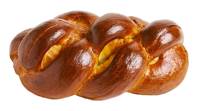 Golden brown braided challah bread, isolated on transparent background