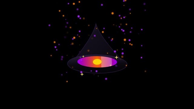 Glowing purple witch hat and colorful magical particle trail animation on a dark background - 4K video