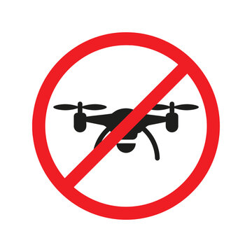 No drone fly zone prohibition sign vector illustration. Black quadcopter drone graphic inside a red crossed circle symbol isolated on white background. Restricted airspace and privacy security warning