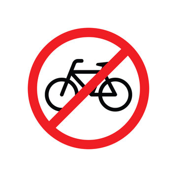 No cycling prohibition sign vector illustration. Black bike graphic inside a red slash circle symbol isolated on white background. Traffic safety and pedestrian area restriction sign.