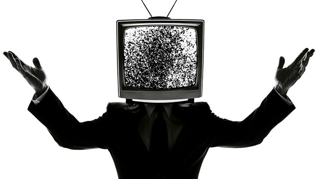 Man in suit with vintage television for head showing static, isolated on transparent background