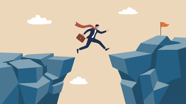 Businessman jumping over a gap between two cliffs towards a goal flag flat vector illustration