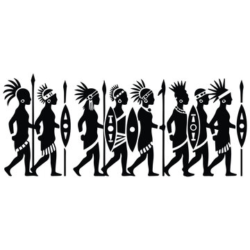 Indigenous people procession illustration with spears and shields.