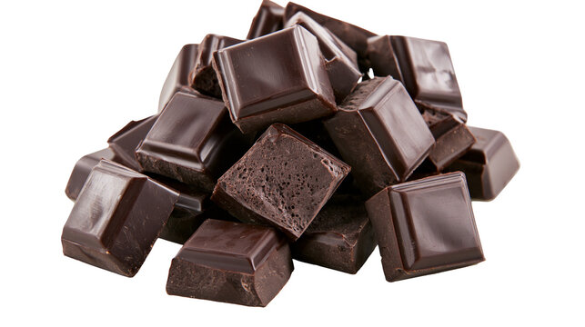 Pile of dark chocolate chunks, isolated on transparent background