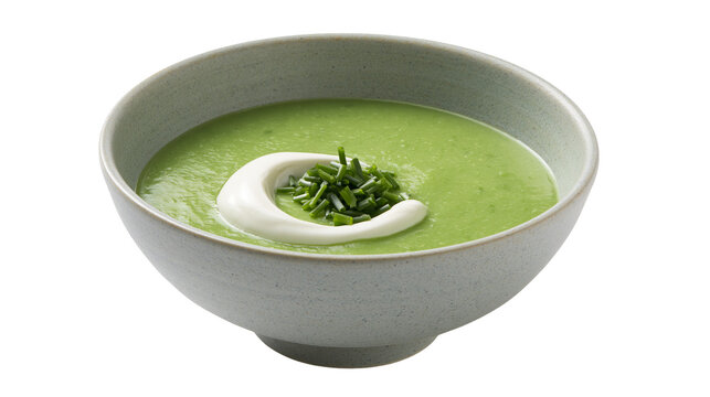 Green pea soup with cream swirl and chives, isolated on transparent background
