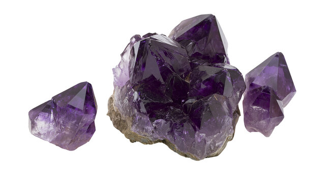 Deep purple amethyst crystal cluster with rough base, isolated on transparent background