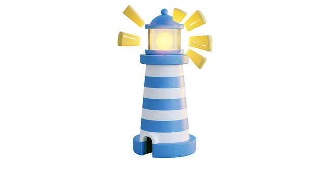 Blue and white striped lighthouse emitting bright yellow light beams, isolated on transparent background
