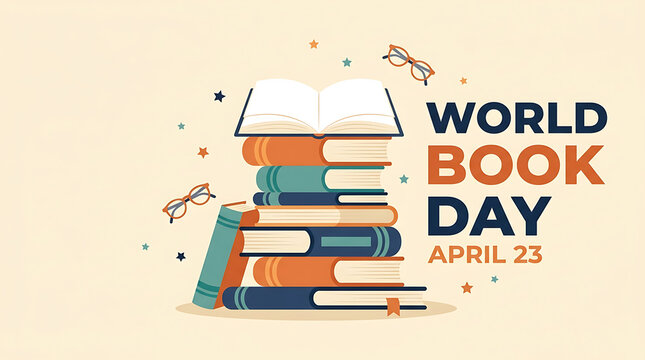 World book day celebration poster with stack of colorful books and open book on top
