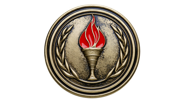 Antique gold medal with red flame torch and laurel wreath, isolated on transparent background