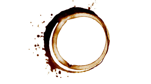 Dark brown coffee cup ring stain with splatters, isolated on transparent background