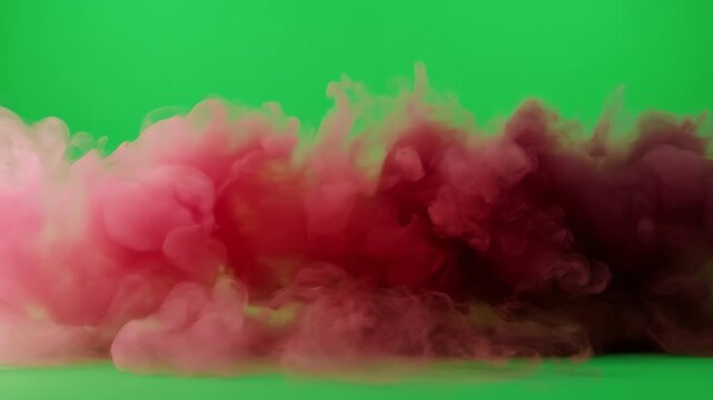 Pink and red smoke clouds swirling on a green screen