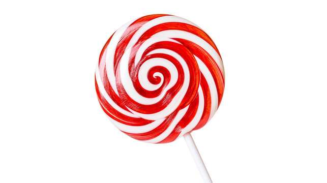Red and white swirled lollipop candy, isolated on transparent background
