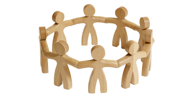 Wooden figures holding hands in a circle, isolated on transparent background