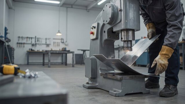 Industrial technician operating a heavy duty metal press machine to bend a steel sheet in a workshop facility