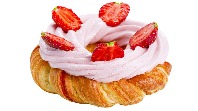 Golden croissant pastry with pink strawberry cream and fresh strawberry slices, isolated on transparent background