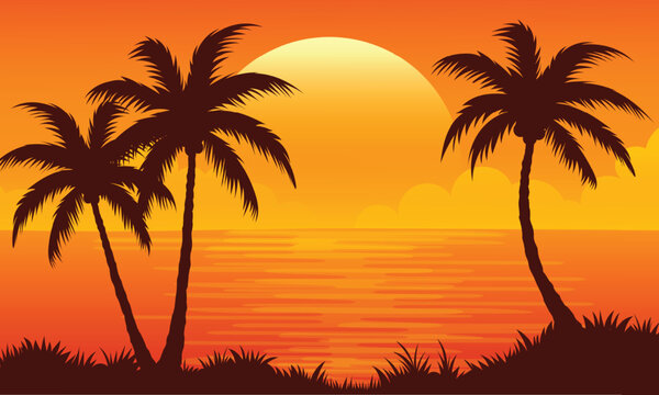 illustration of sunset beach landscape with palm tress in silhouette background