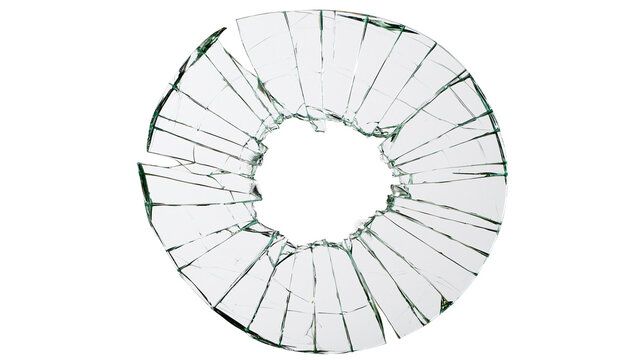 Circular shattered glass with sharp fragments, isolated on transparent background