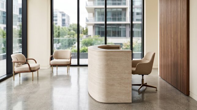 Modern office reception lobby with curved wooden desk and urban window view for executive planning sessions