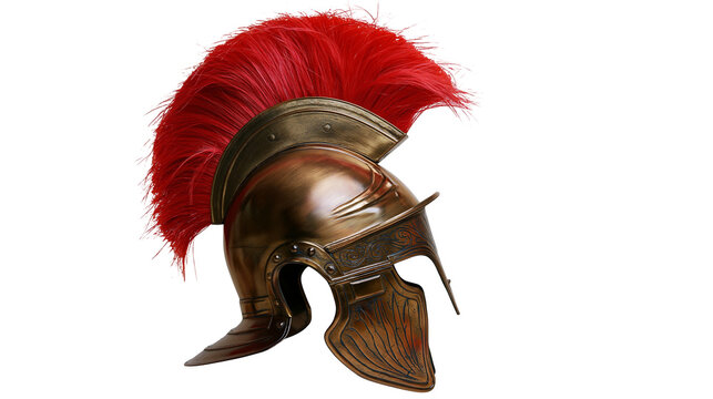 Ancient Roman bronze helmet with red plume, isolated on transparent background