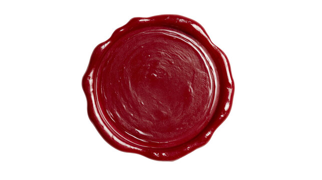 Crimson red wax seal stamp melted and dripping, isolated on transparent background
