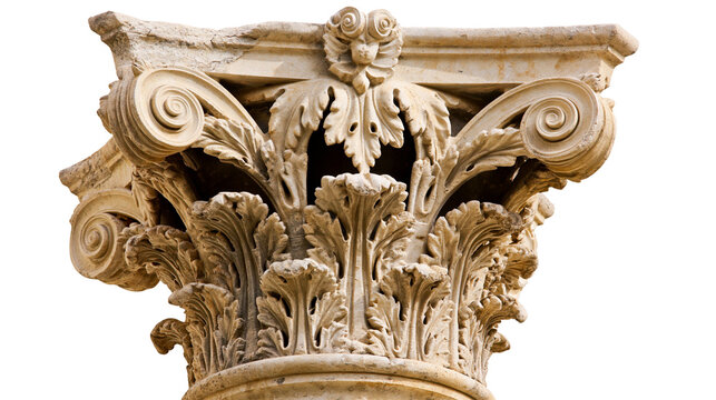 Ornate Corinthian column capital with acanthus leaves and volutes, isolated on transparent background