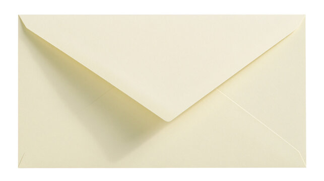 Cream colored paper envelope with pointed flap, isolated on transparent background