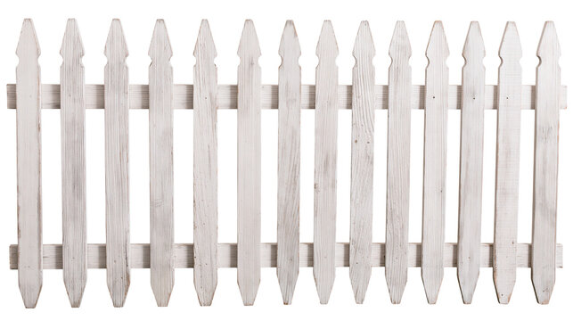 Weathered white wooden picket fence section, isolated on transparent background