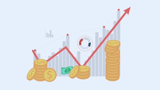 Stacked gold coins and financial charts showing business growth and profit increase money