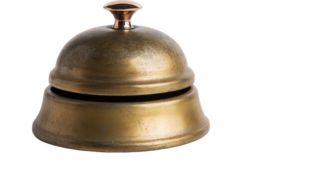 Antique brass hotel reception bell with copper knob, isolated on transparent background