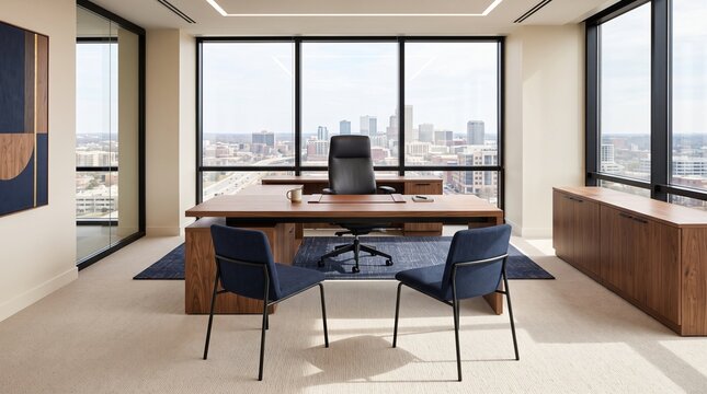 Modern startup executive office interior with luxury wooden desk and city skyline view