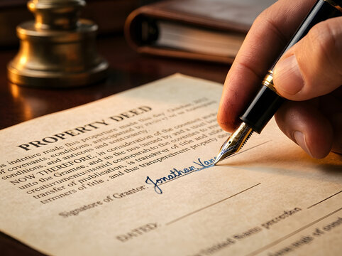 Signing an official property deed | Professional real estate legal contract | Close up hand with fountain pen | Home ownership transfer paperwork | Notary public office documentation